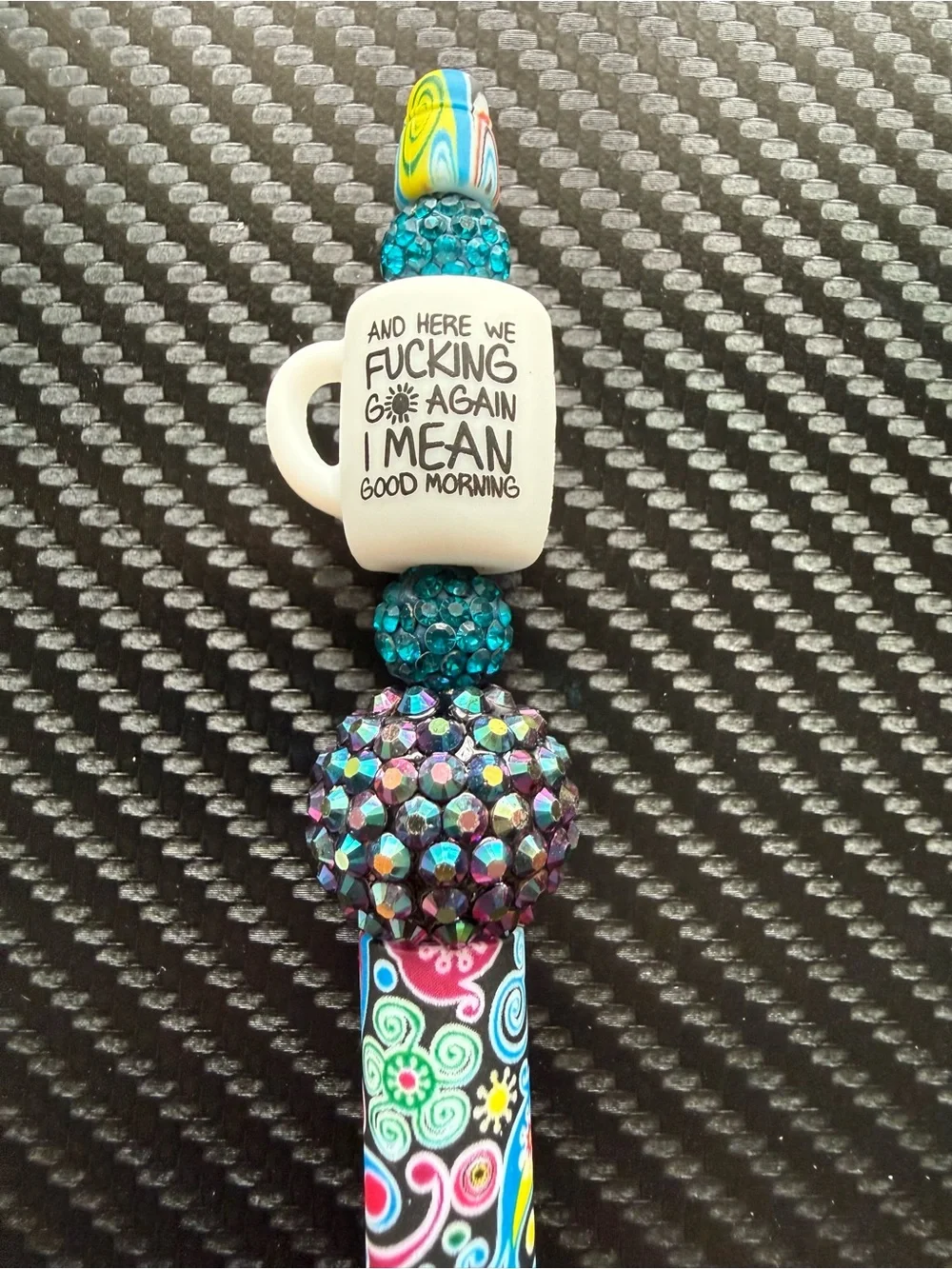 Handmade Colorful Swirl Pattern Beaded Pen with “Good Morning” Mug Topper